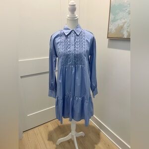 Ophelia Roe blue long sleeved tiered shirt dress with eyelet detail size small